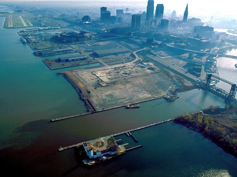 Aerial view of a city harbor