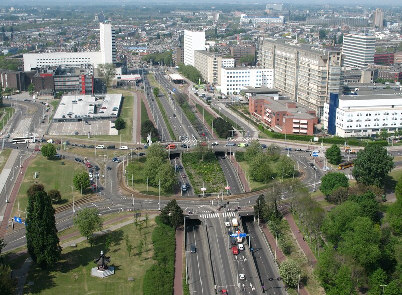 Aerial view of a city intersection