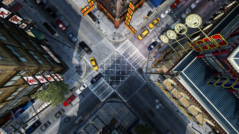 Aerial view of a city intersection