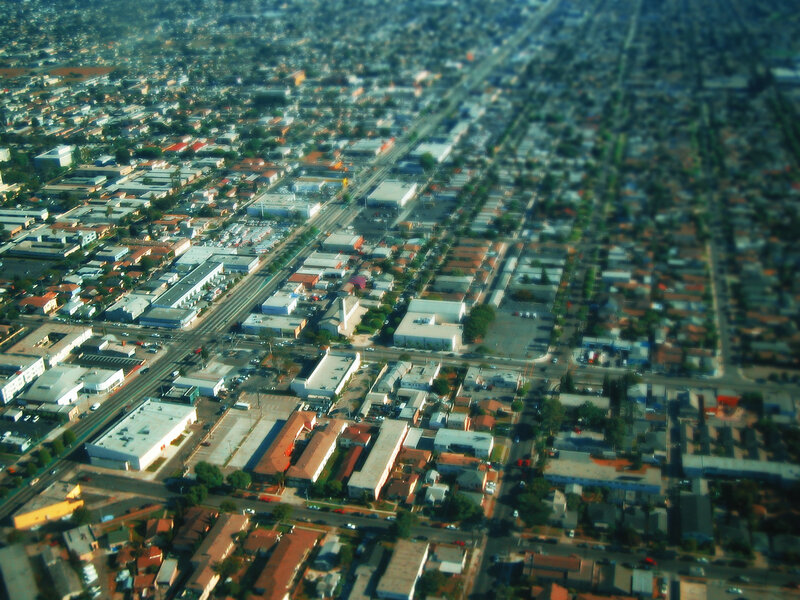 Aerial view of a city neighborhood