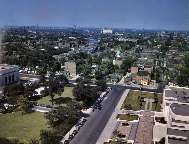 Aerial view of a city neighborhood