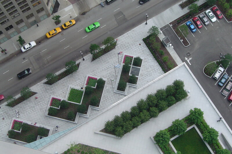 Aerial view of a city plaza