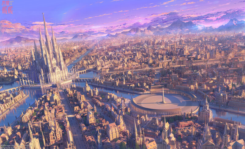 Aerial View of a City — Purple, Serene