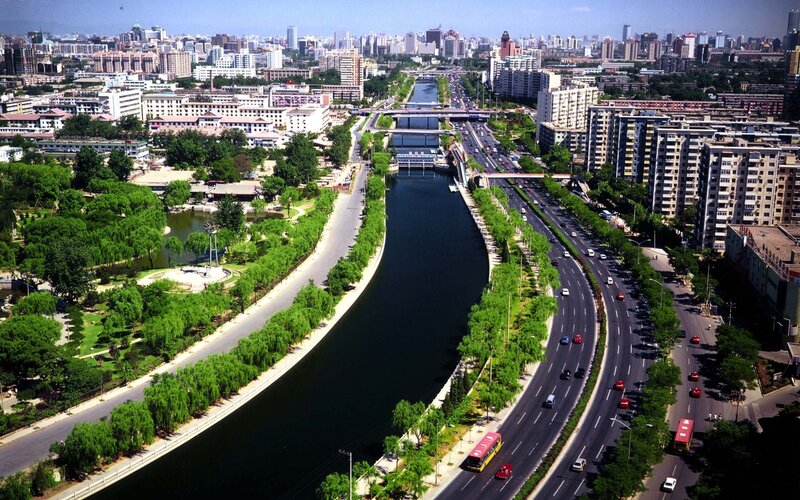 Aerial view of a city river