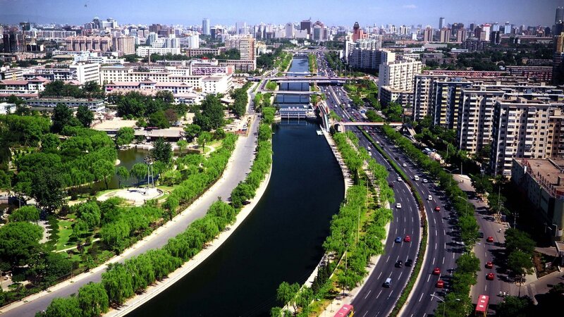 Aerial view of a city river
