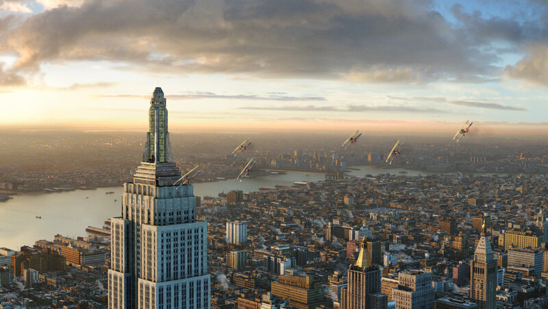Aerial view of a city with planes