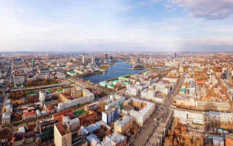 Aerial view of a city with river