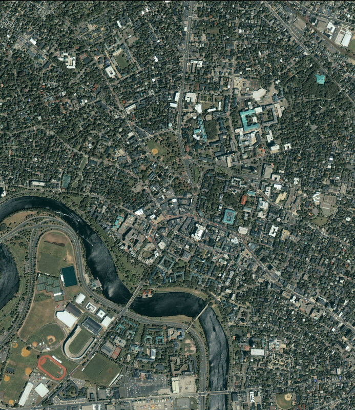 Aerial view of a city with river