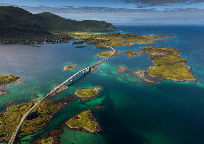Aerial view of a coastal bridge