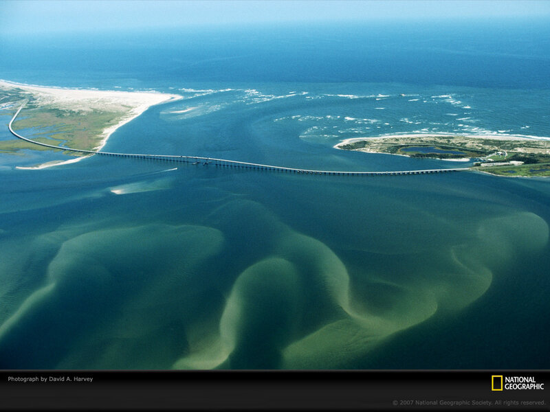 Aerial view of a coastal bridge