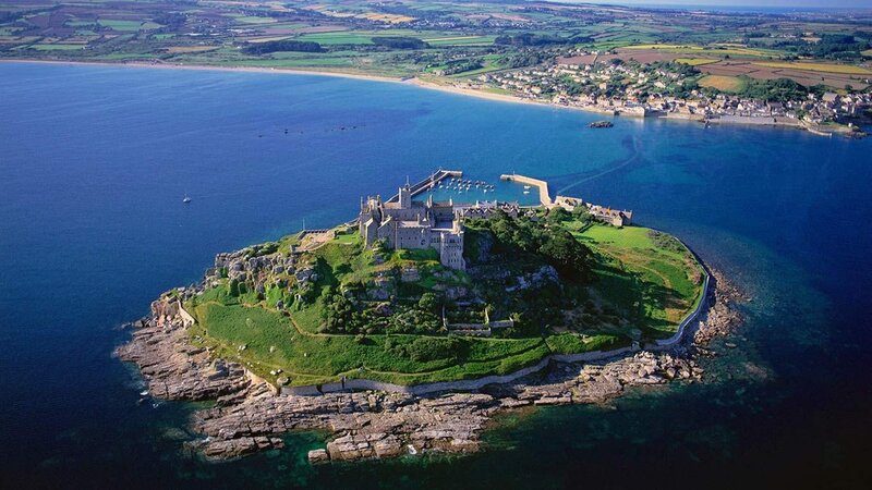 aerial view of a coastal castle