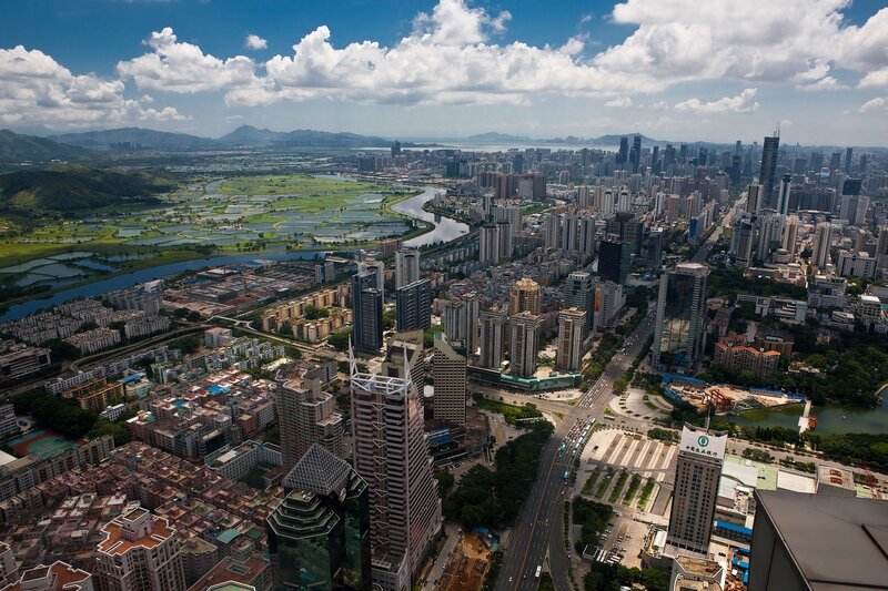 Aerial view of a coastal city