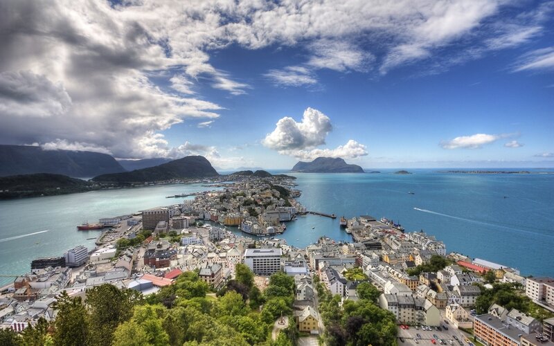 Aerial view of a coastal city