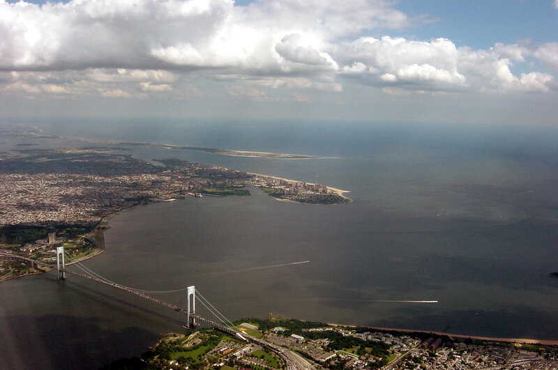 Aerial view of a coastal city