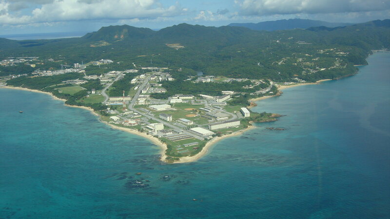 Aerial view of a coastal military base