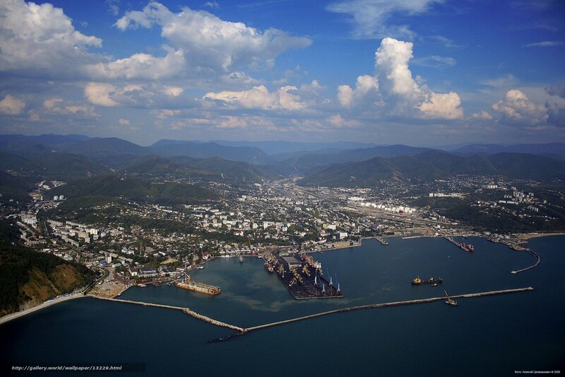 Aerial view of a coastal port city