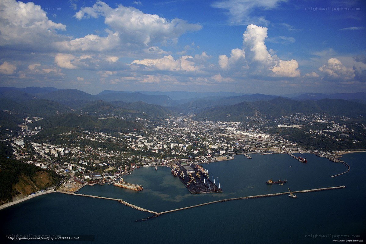 Aerial view of a coastal port city