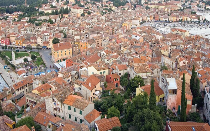 aerial view of a coastal town