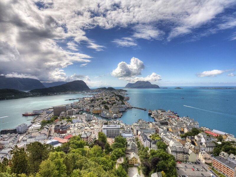Aerial view of a coastal town