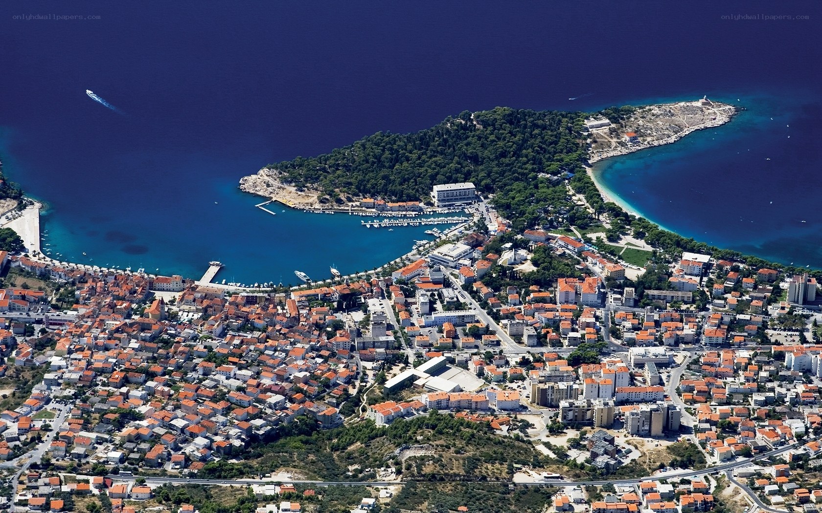 Aerial view of a coastal town