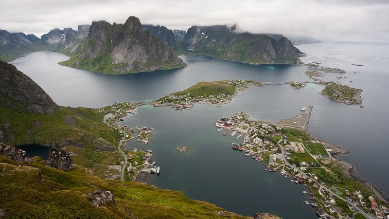 Aerial view of a coastal village