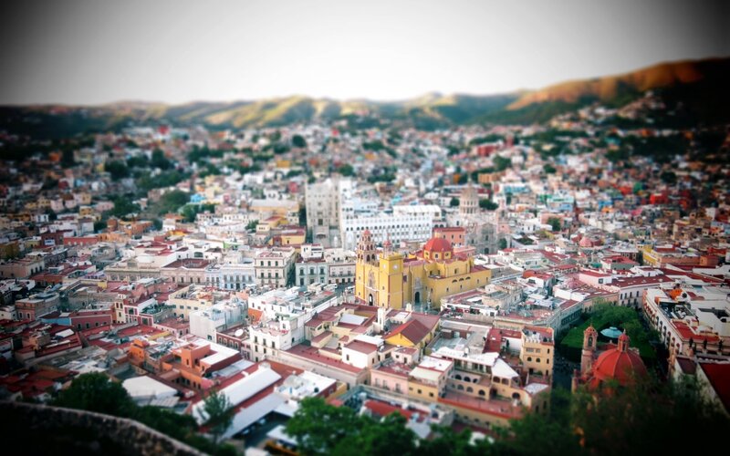 Aerial view of a colorful city