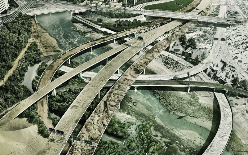 Aerial view of a complex highway interchange