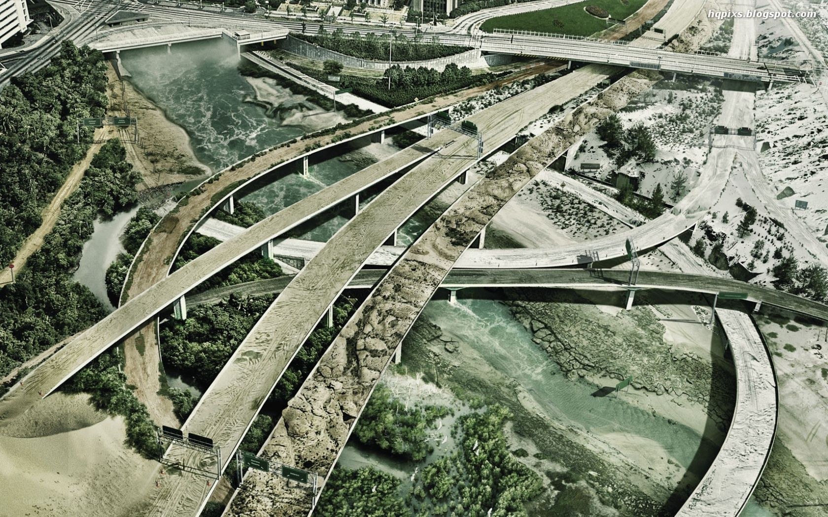 Aerial view of a complex highway interchange