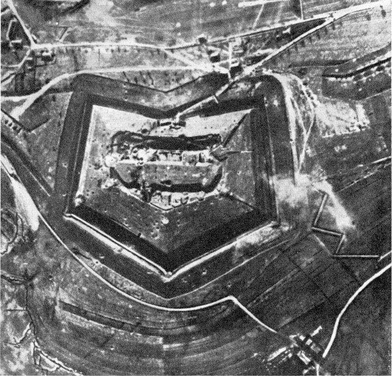Aerial view of a damaged fort