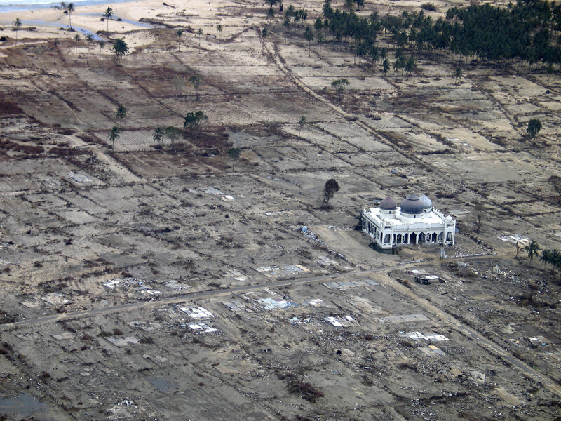 Aerial view of a damaged mosque