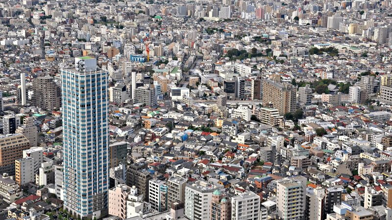Aerial view of a dense Japanese city