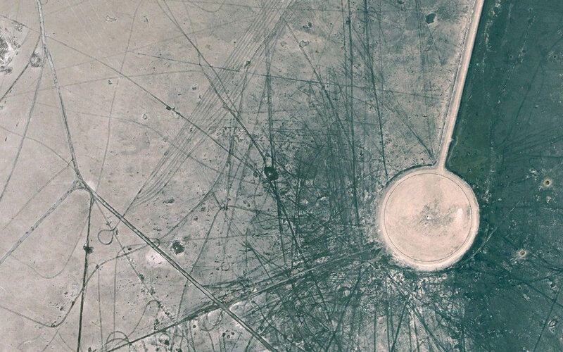 Aerial view of a desert airfield