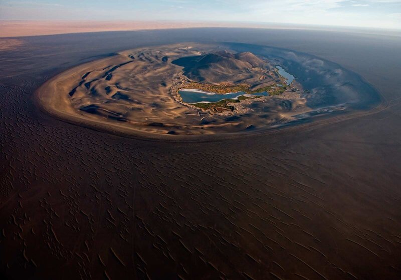 Aerial view of a desert oasis