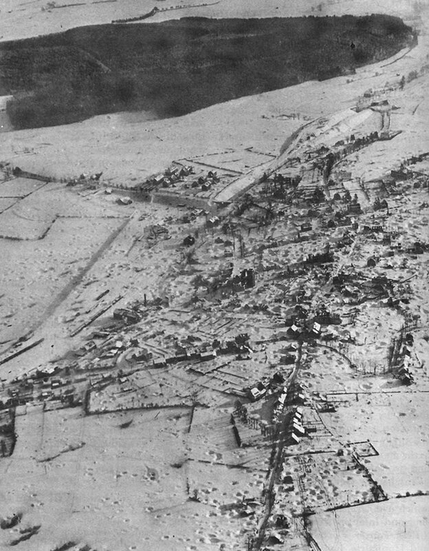 Aerial view of a destroyed town