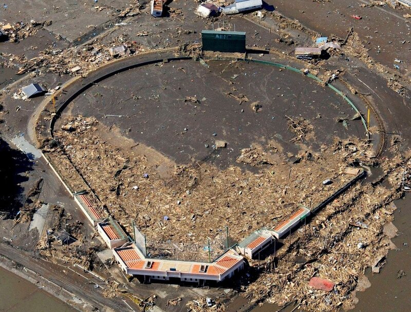 Aerial view of a flooded baseball field