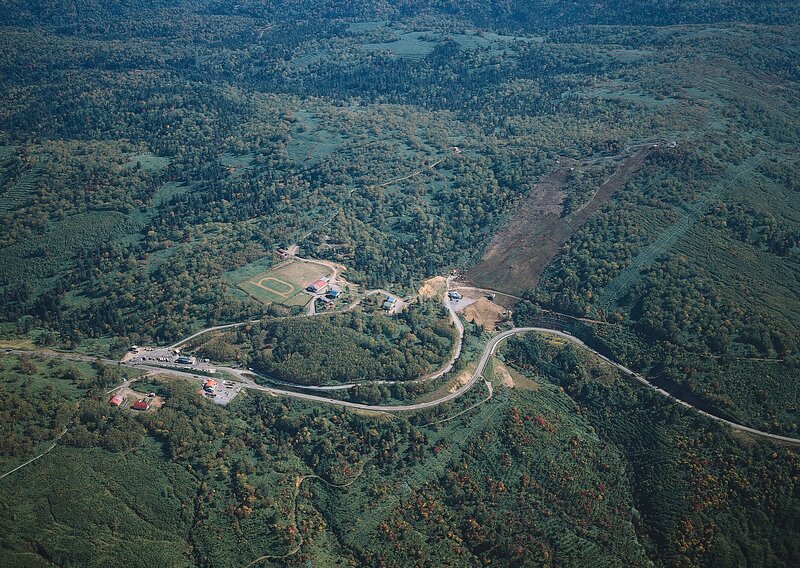 Aerial view of a forested mountain area