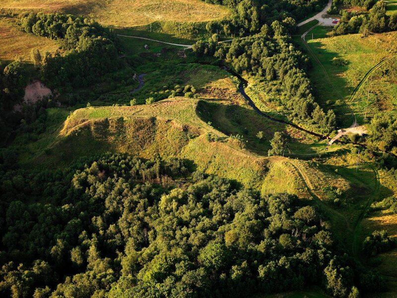 Aerial view of a forested valley