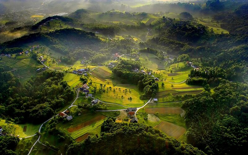 Aerial view of a green valley