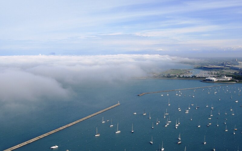 Aerial view of a harbor with clouds