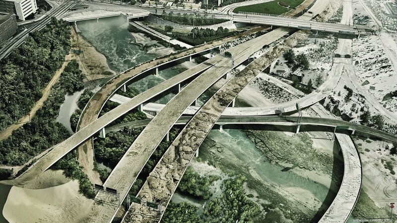Aerial view of a highway interchange
