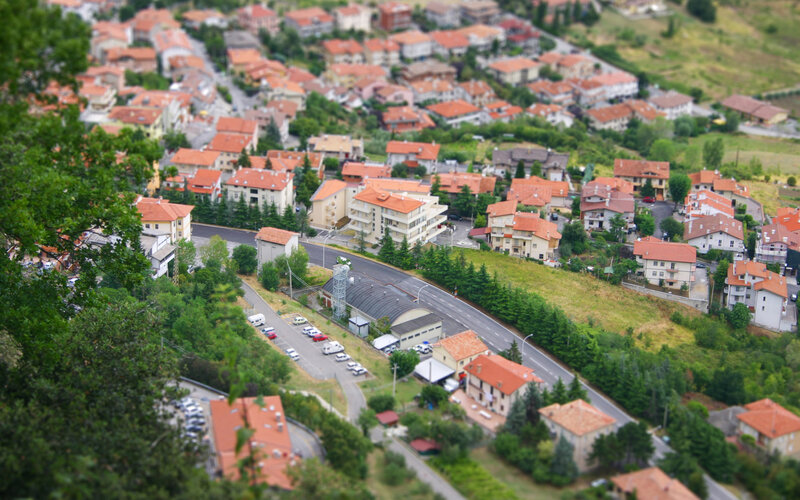 aerial view of a hillside town