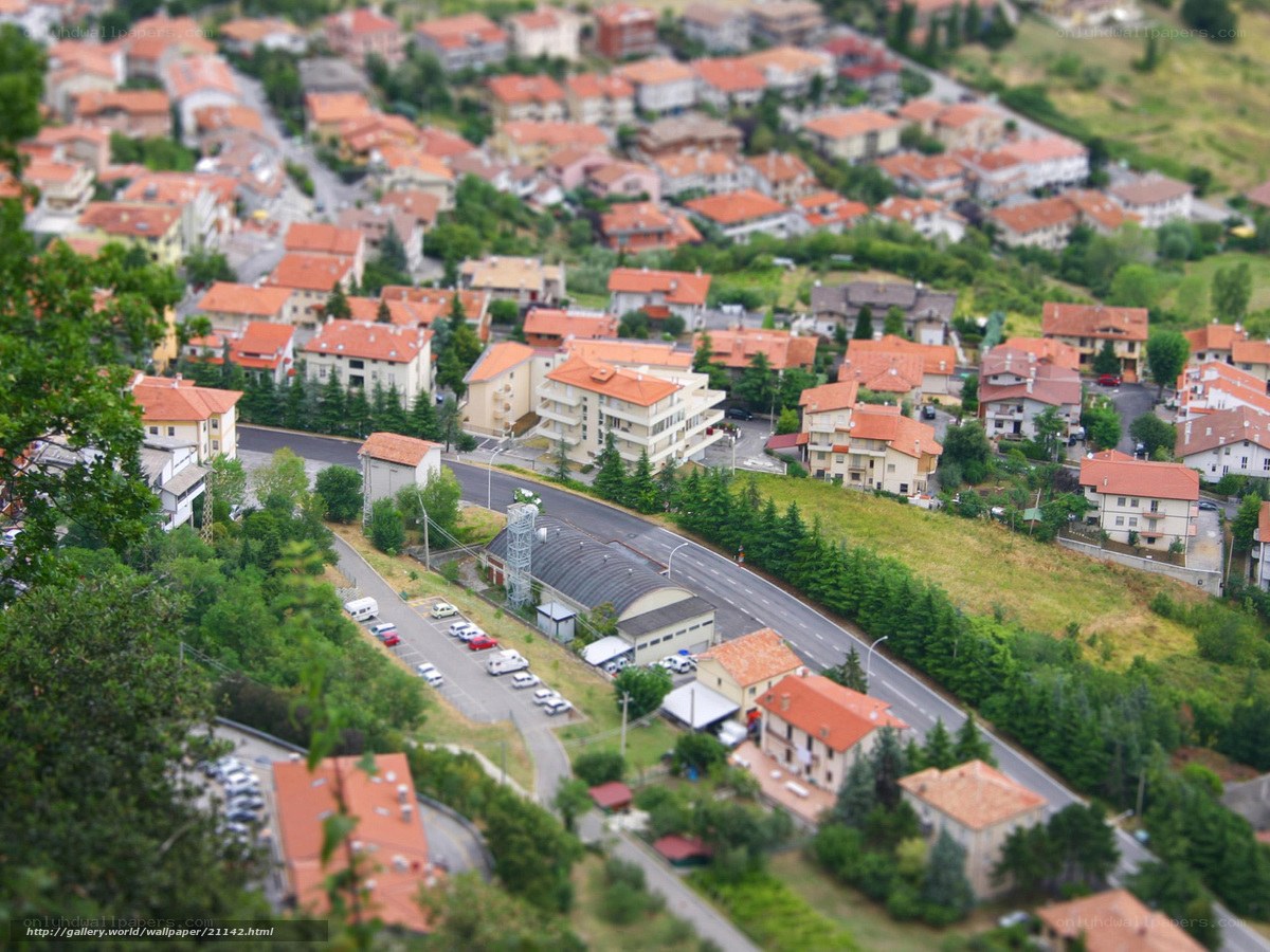 aerial view of a hillside town