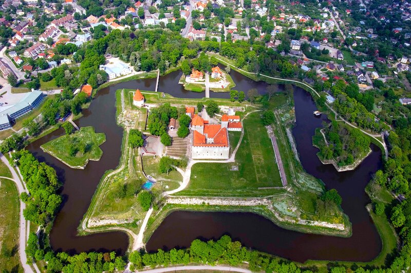 Aerial view of a historic castle