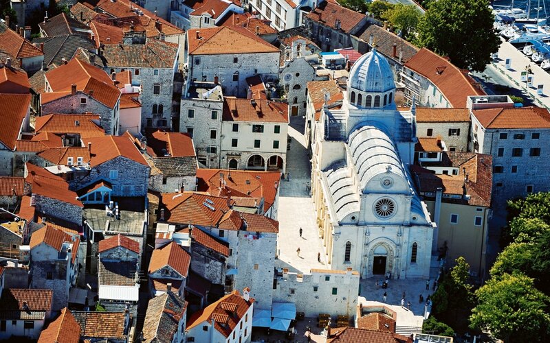 Aerial view of a historic city