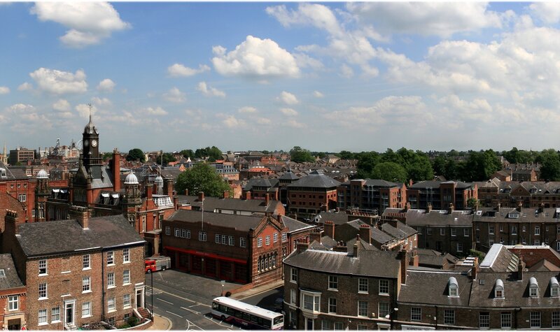aerial view of a historic town