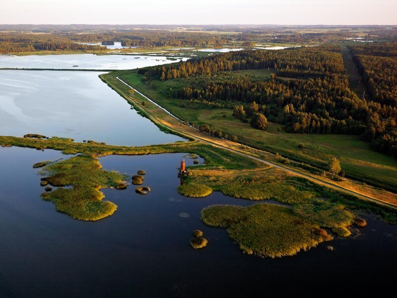 Aerial view of a lake and forest