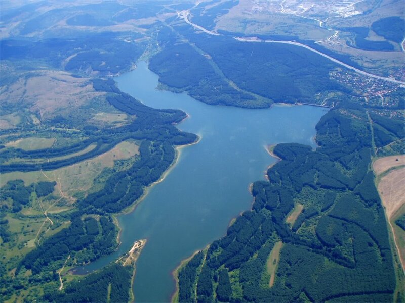 Aerial view of a lake and forest