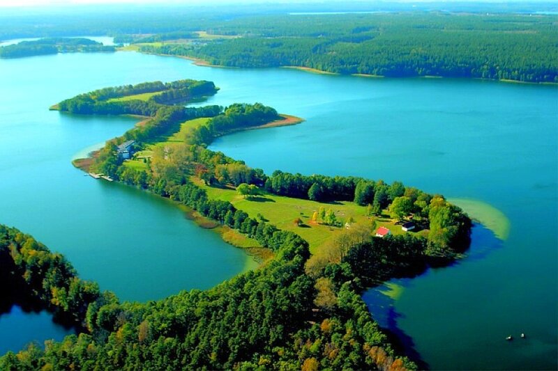 Aerial view of a lake and islands