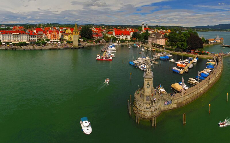Aerial view of a lakeside town