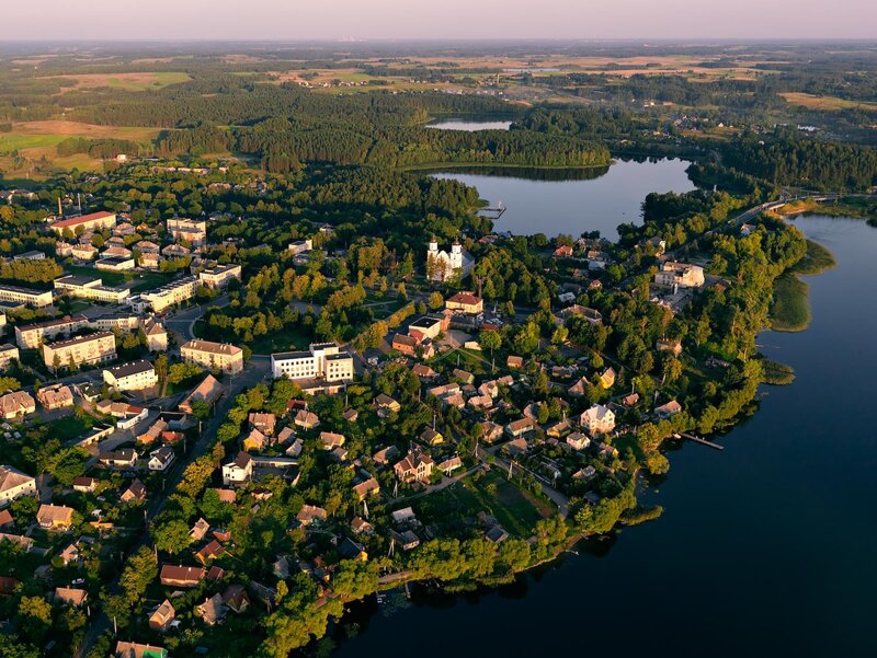 Aerial view of a lakeside town